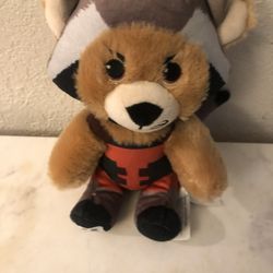 Disney Marvel Build a Bear Guardians of the Galaxy Rocket Raccoon Stuffed Plush.  Size 7 inches tall.  Brand New has been on display in a cabinet with