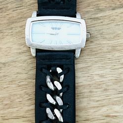 Vintage Kenneth Cole Reaction Black Leather And Silver Metal Chain Embellished Wrist Watch 
