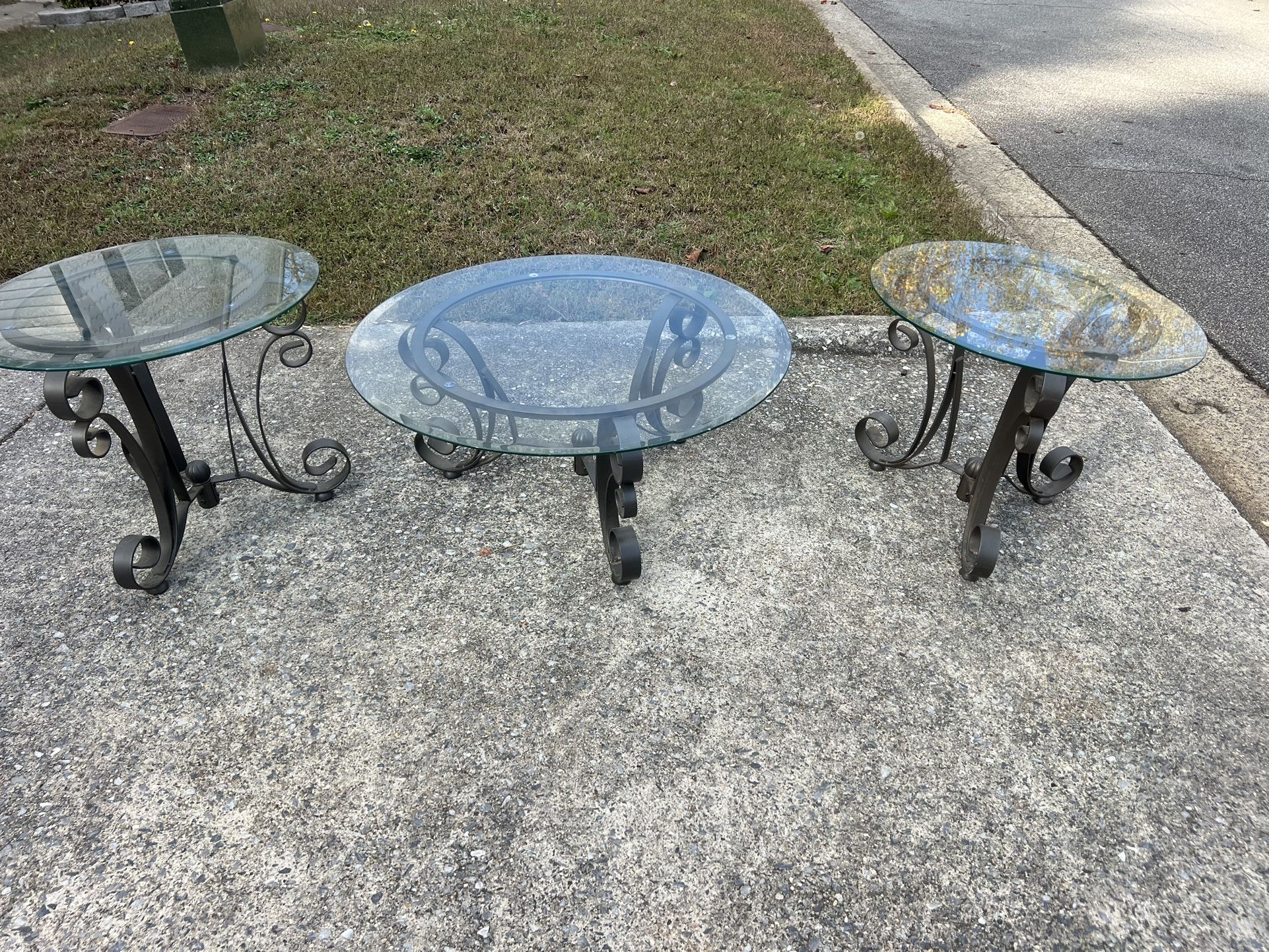 Iron Glass Coffee Table With 2 Smaller Iron Glass  End Tables