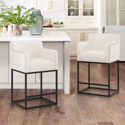 26 in. Beige Modern Linen Upholstered Bar Stool Square Metal Frame Counter Height Bar Stool