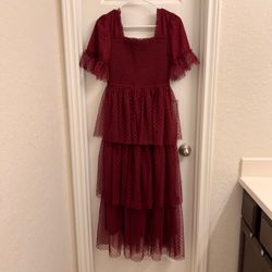 Baltic Born Lace Maxi Burgundy Tiered Dot Mesh Dress