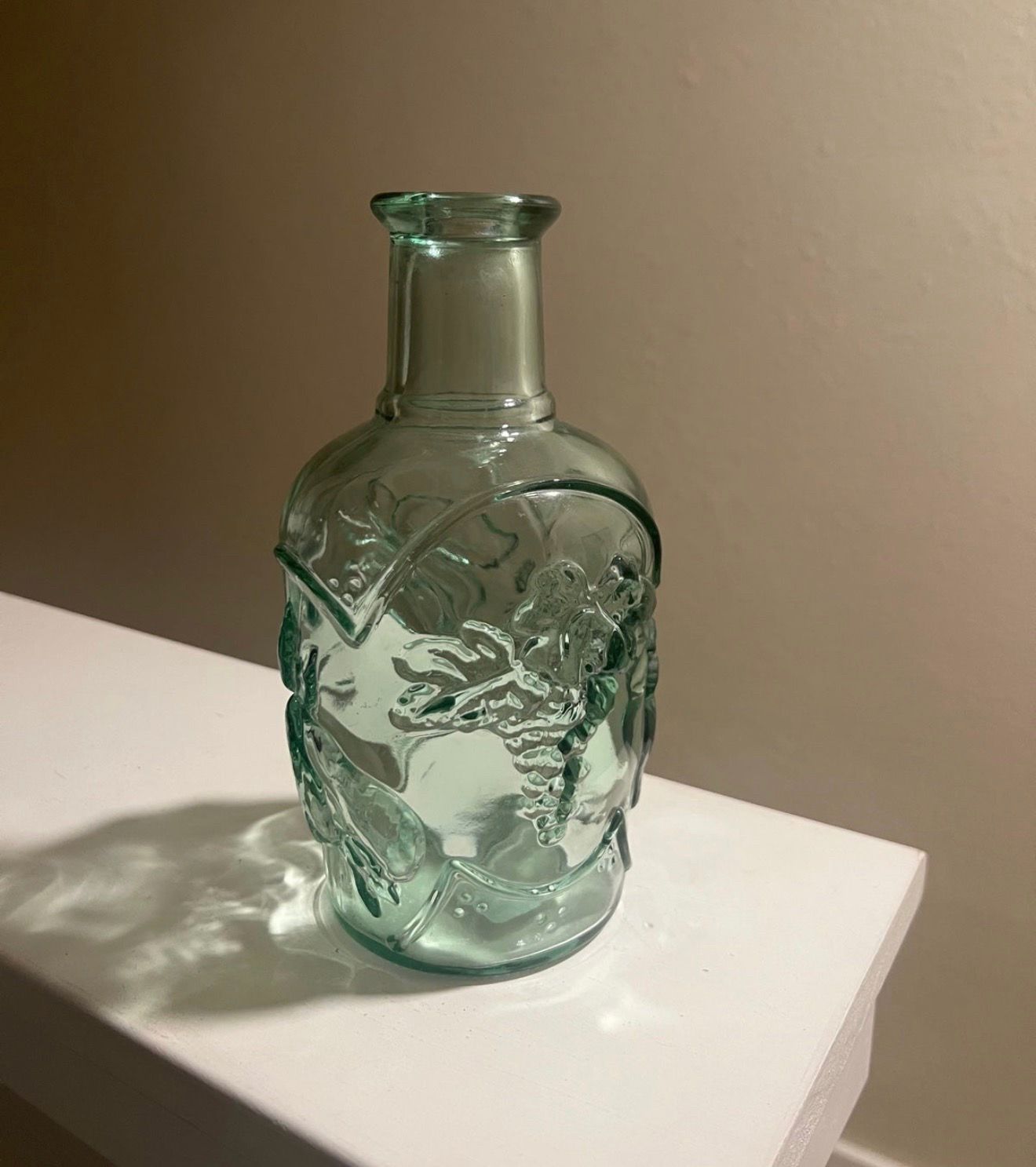 Vintage Libbey Accents Orchard Fruit Green Tint Embossed Glass Bottle Decanter