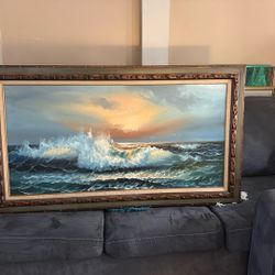 Framed artwork -Waves Crashing In Ocean 