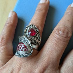 Vintage Antiqued Silver HandForged Serpent Desig Red Ruby Stones Thumb Ring 1.5". One Size Fits All. Unique One-Of-A-Kind!