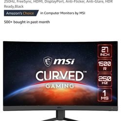 MSI G27C4X 27" Curved Gaming Monitor, 1920 x 1080 (FHD), 1ms, 250Hz, FreeSync, HDMI, DisplayPort, Anti-Flicker, Anti-Glare, HDR Ready,Black