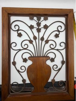 Large Wood And Wrought Iron Wall Mural Art Floral Vase Pattern Rustic 17.5” X 23”