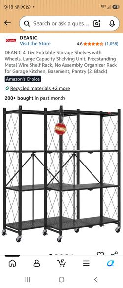 New!!! 2 black DEANIC 4 Tier Foldable Storage Shelves with Wheels, Large Capacity Shelving