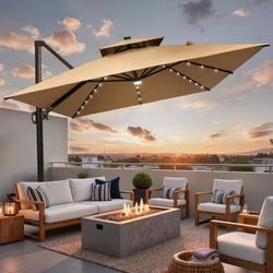 Double Top 11 ft. x 9 ft. Rectangular 360° Rotation Solar LED Lighted Cantilever Patio Umbrella in Tan