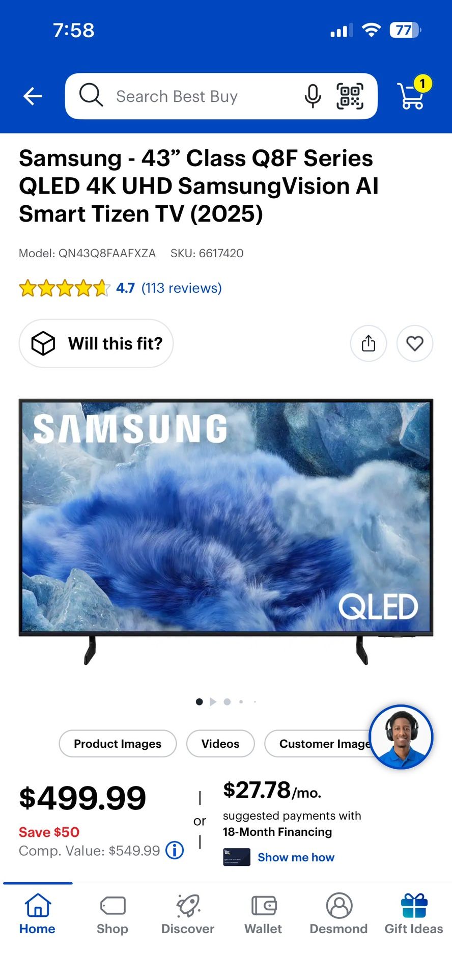 Samsung - 43” Class Q8F Series QLED 4K UHD SamsungVision AI Smart Tizen TV (2025 model). On sale at Best Buy for $534.98 after taxes, but I’m selling 