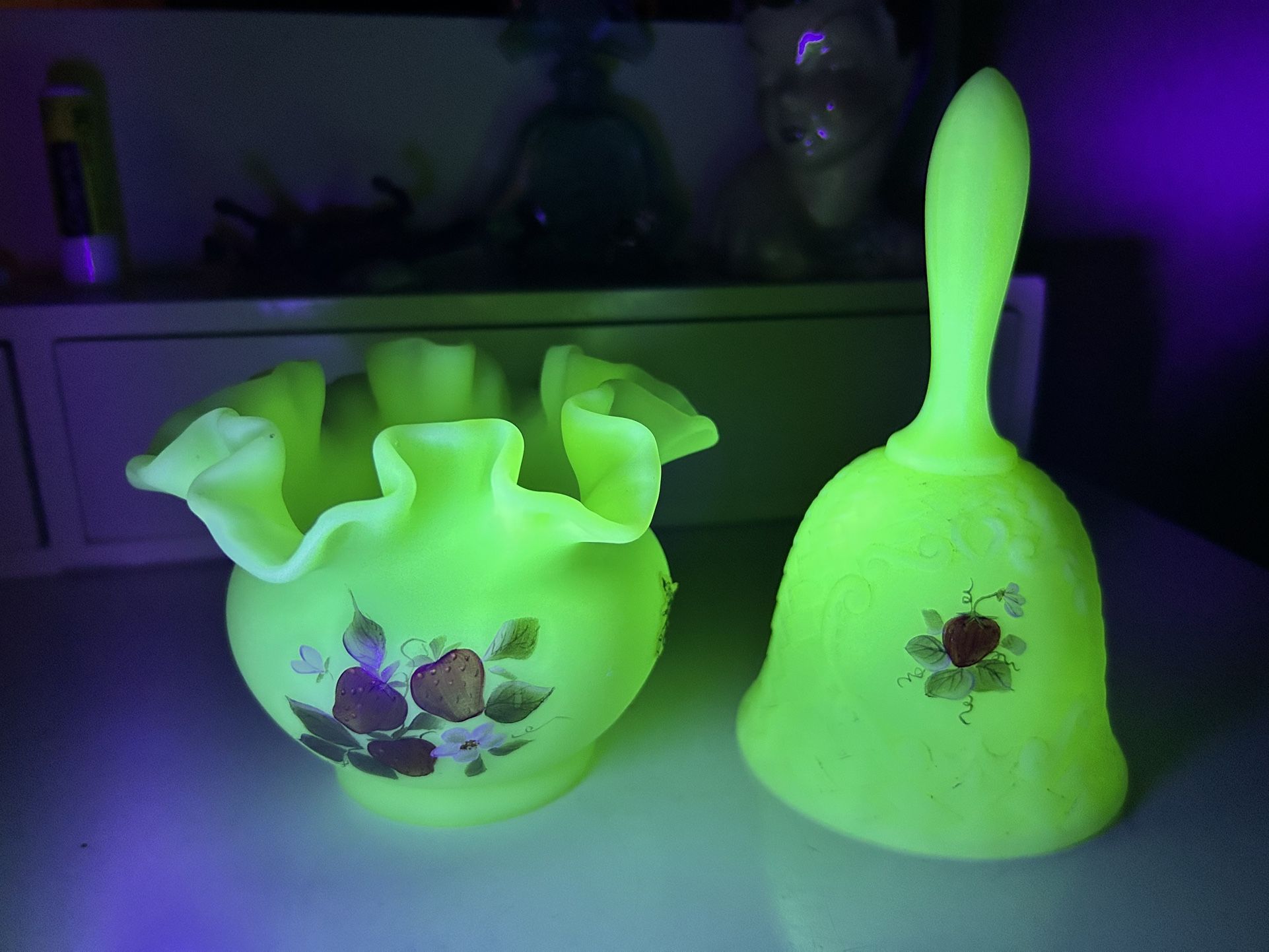 Rare Vintage Fenton Uranium Custard/Satin Strawberries Ruffle Vase & Bell