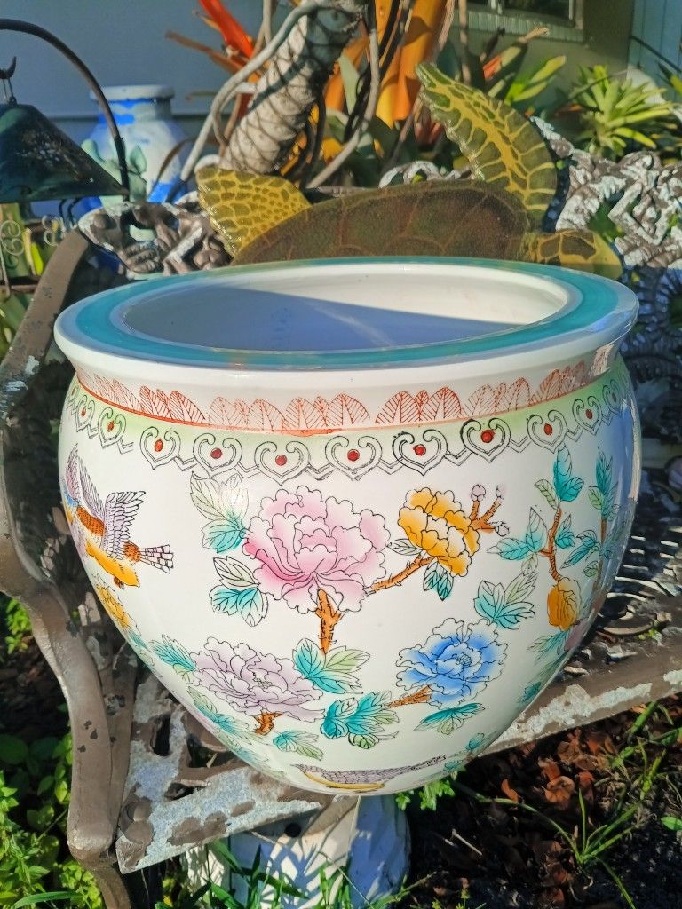 Vintage Asian 15" Koi Fish Porcelain Bowl