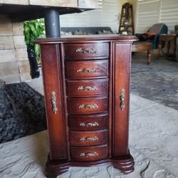Vintage Wood Jewelry Box 7 Drawer Two Doors Mirror