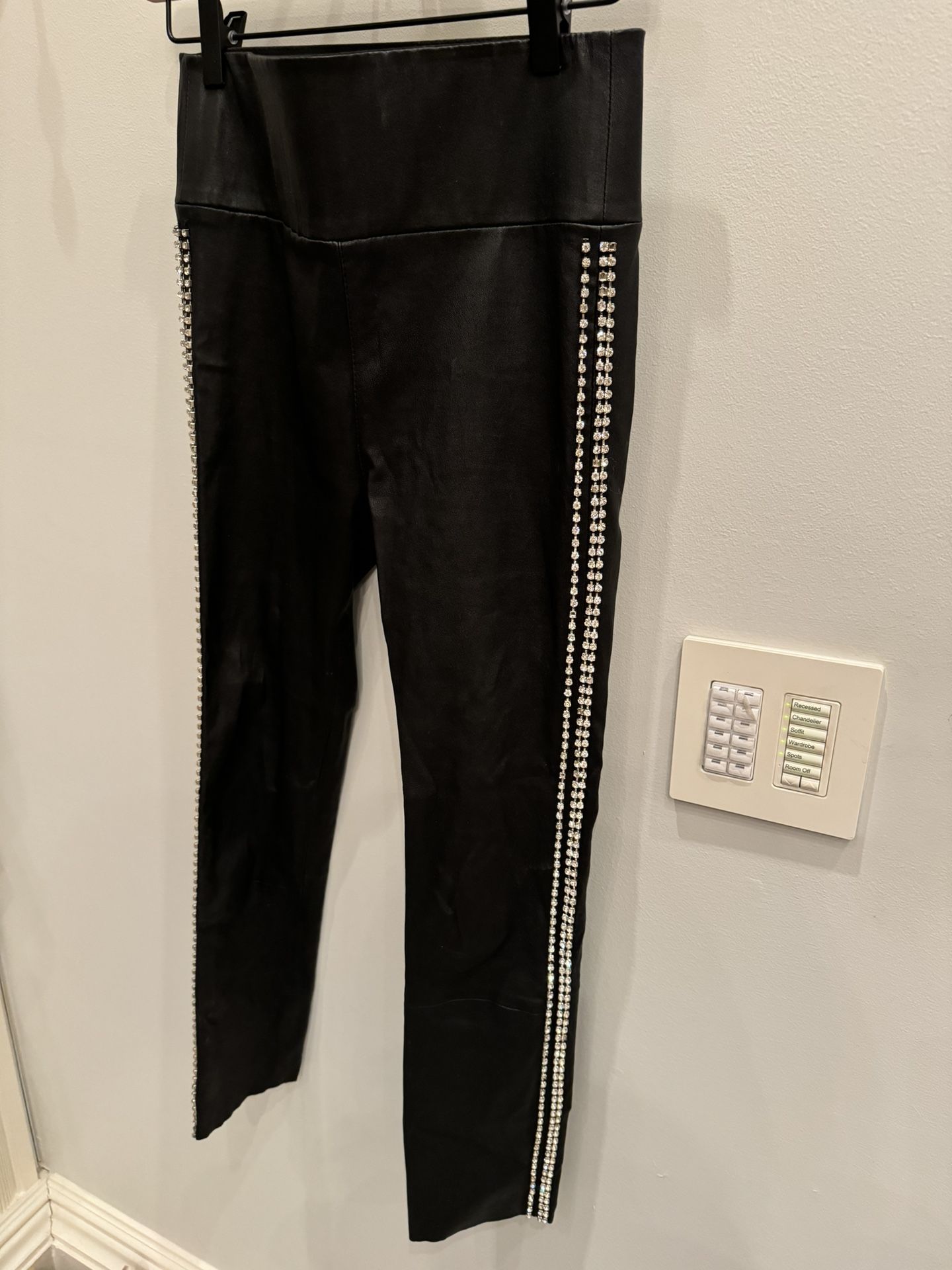 Faux Leather Leggings With Rhinestone Trim