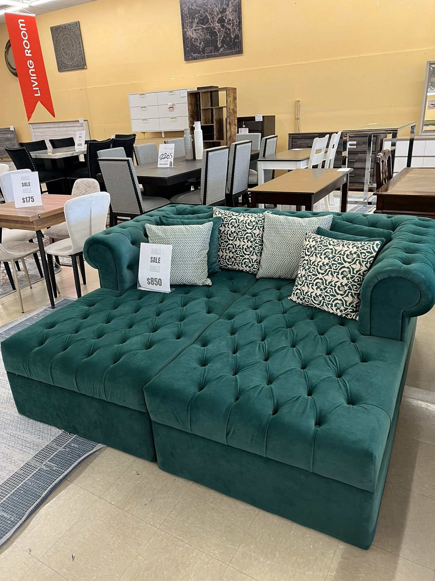 [CLOSEOUT SALE] Green Tufted Double Chaise 2 Piece Sectional Sofa