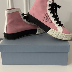 Prada Gabardine Women pink white cotton High Top sneakers Pink x White
