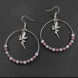 Beautiful Bohemian Round Earrings With Angel Charm And Purple Beads 