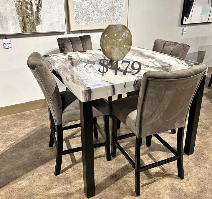 Stunning 5-pc Counter Height Dining Set With Mocha - Toned Upholstery Chairs
