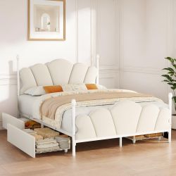 White Metal & Velvet Full Size Bed Frans With 4 Drawers