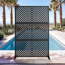 1-Piece 46.8 in. W x 71.37 in. H Black Parallel Line Galvanized Outdoor Privacy Screen Garden Screen Decorative Artpanel