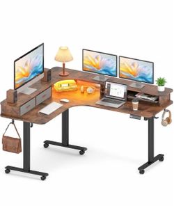 #E  63” × 55” L-Shaped Electric Standing Desk Color: Rustic Brown Height Adjustable • Drawers • Memory Controller  Price: $150