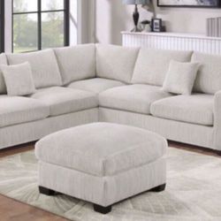 New White Or Gray 3pc Corduroy Sectional And Ottoman 