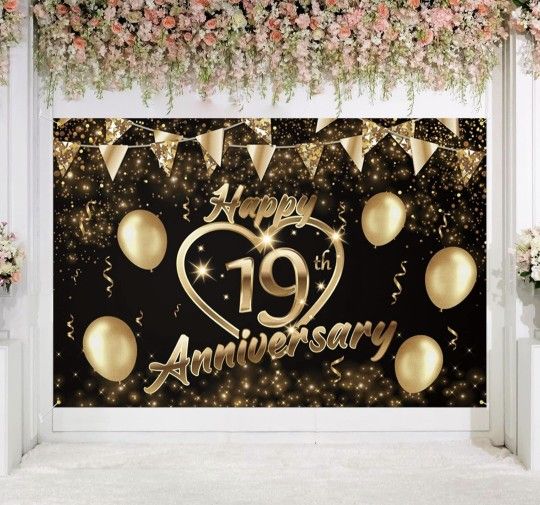 Happy 19th Anniversary Backdrop Banner Decor Black Gold – Glitter Love Heart Happy 19 Years Wedding Anniversary Party Theme Decorations.