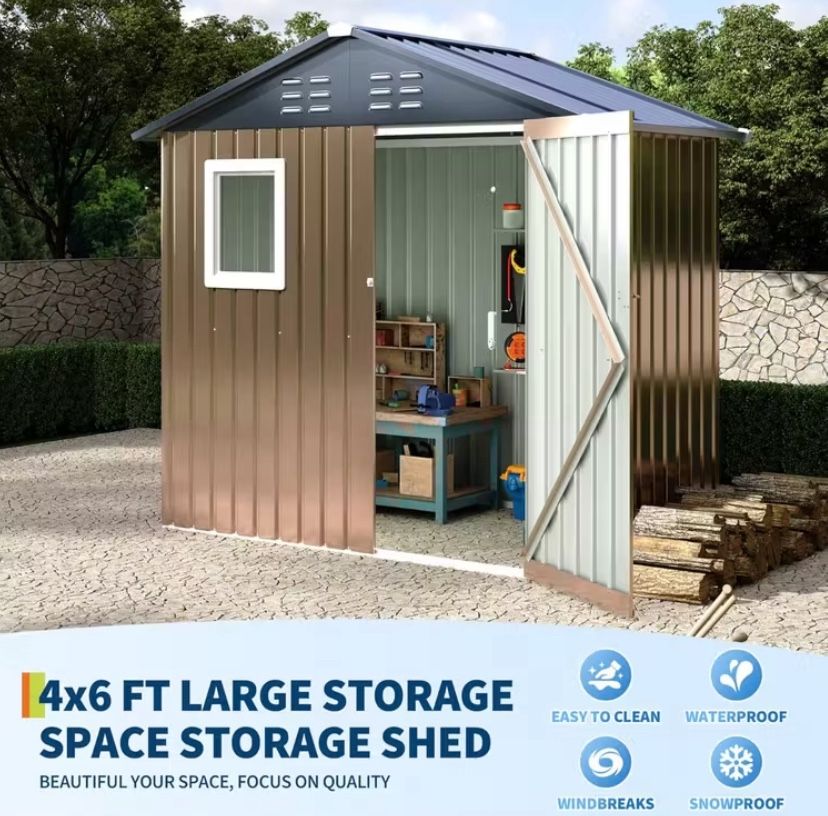 6x4 FT- Heavy-Duty Metal Storage Shed with Lockable Door & Window.