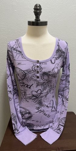 VTG DELIA*S Graphic Purple Waffle Knit Long Sleeve Henley M