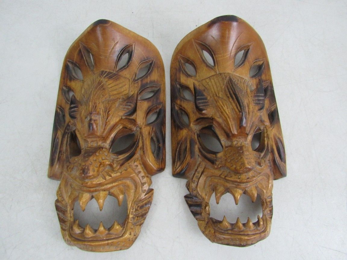 Filipino Pair Of Hand Carved Ifugao Bakunawa Tribal Demon Masks