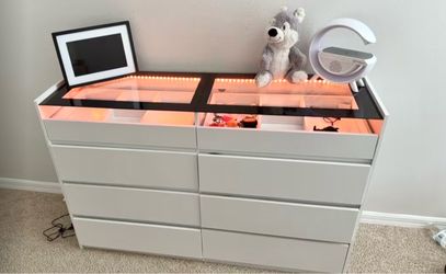 8 Drawer Dresser for Bedroom with Glass Top & LED Light, White  Jewelry Dresser with Glass Top Display & RGB LED Lights