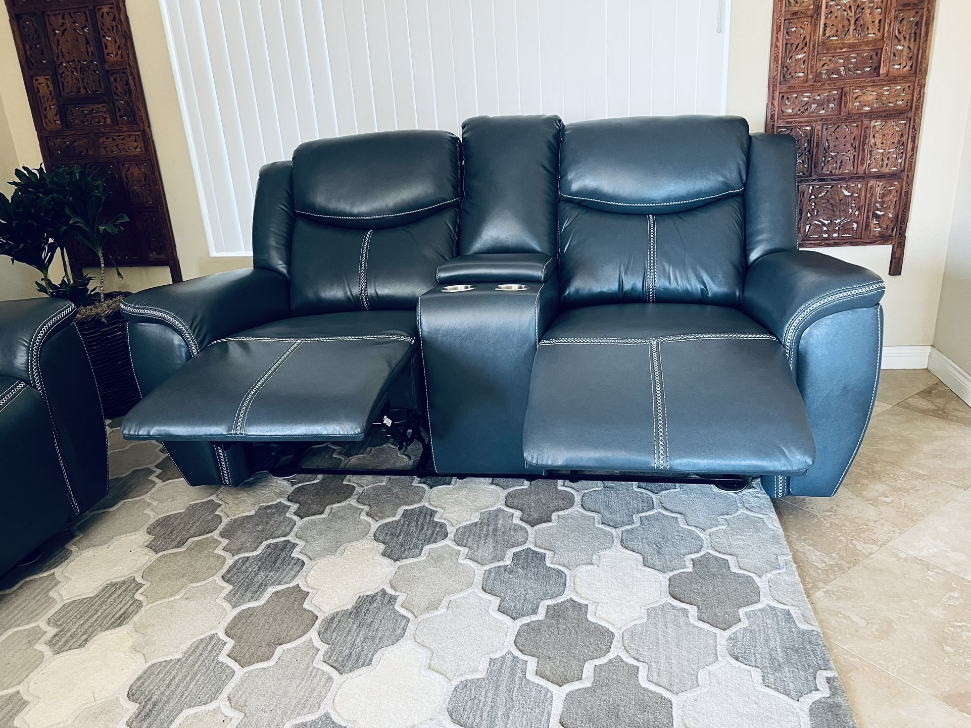 Beautiful Brand New Deep Blue Dual Reclining Loveseat 