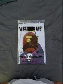 BAPE white t-shirt with purple camouflague ape head graphic, Size S