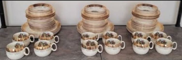 CHINA 3x YES 3 SETS OF SAME (WATCH VIDEO) VINTAGE SABIN CREST OF GOLD DINNER SET OF 4   LOCAL  SD