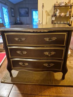 Vintage French provincial jewelry box dark brown color three drawers with gold trim