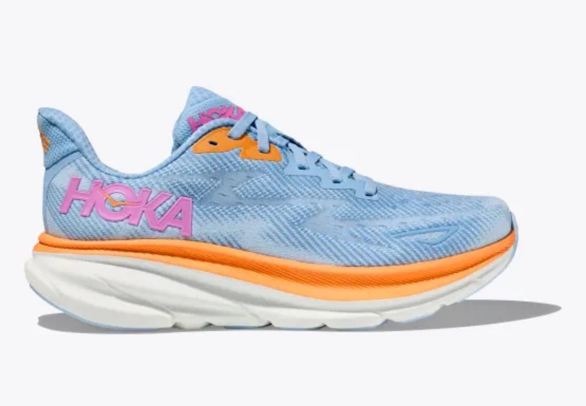Hoka Ladies Clifton 9 Sneaker In Blue/Orange Size 6.5B Brand New In Box