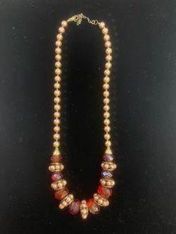 Gold Pearl and Red Crystal Beaded Necklace