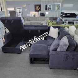 ✅️✅️4 pc Black corduroy fabric sectional sofa with storage chaise and love seat and pop up sleep area in center USB charging✅️