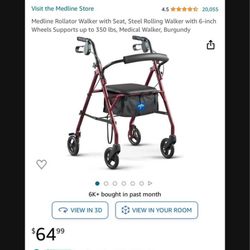 Medline Rollator Walker with Seat, Steel Rolling Walker with 6-inch Wheels Supports up to 350 lbs, Medical Walker, Burgundy.  Price is firm and please