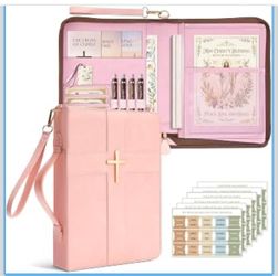 Bible Cover Bag for Women PU Leather Bible Case Large Pocket Pink