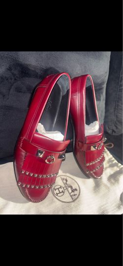 Hermès Shedfield Studded Fringe Leather Loafers - Veau Toscan Burgundy (Size 38)