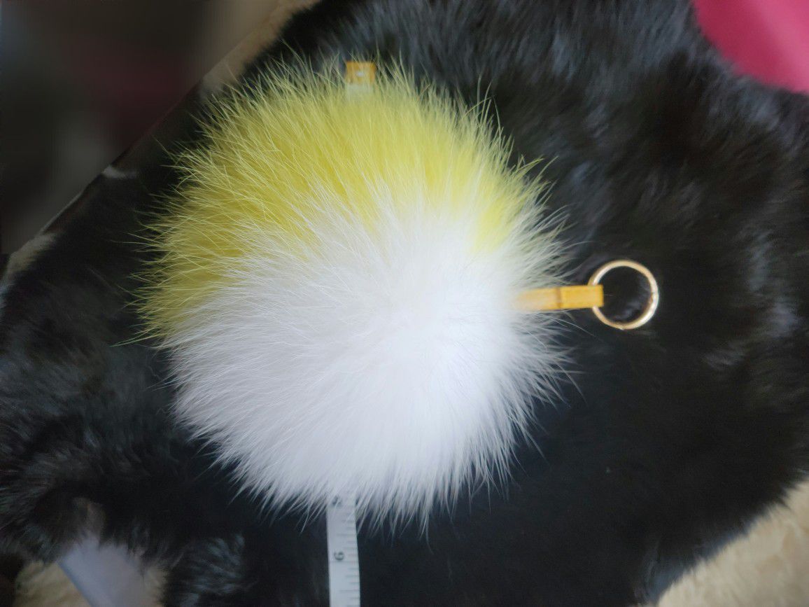 8" Yellow/White Genuine Fur Pom Pom Keychain + Fur Freebies 