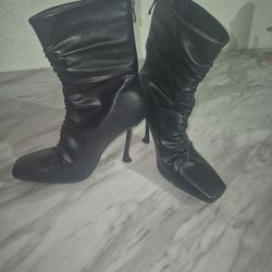 Azalea wang Black Ruched Zipper Square Toe Stiletto Mid-Calf Leather Bootie