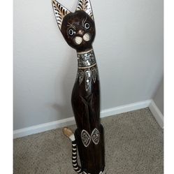 Elegant Balinese Cat Statue – Large 3 Ft Carved Home Accent