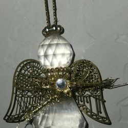 VINTAGE CLEAR CRYSTAL GOLD METAL HANGING ANGEL DECOR COLLECTABLE