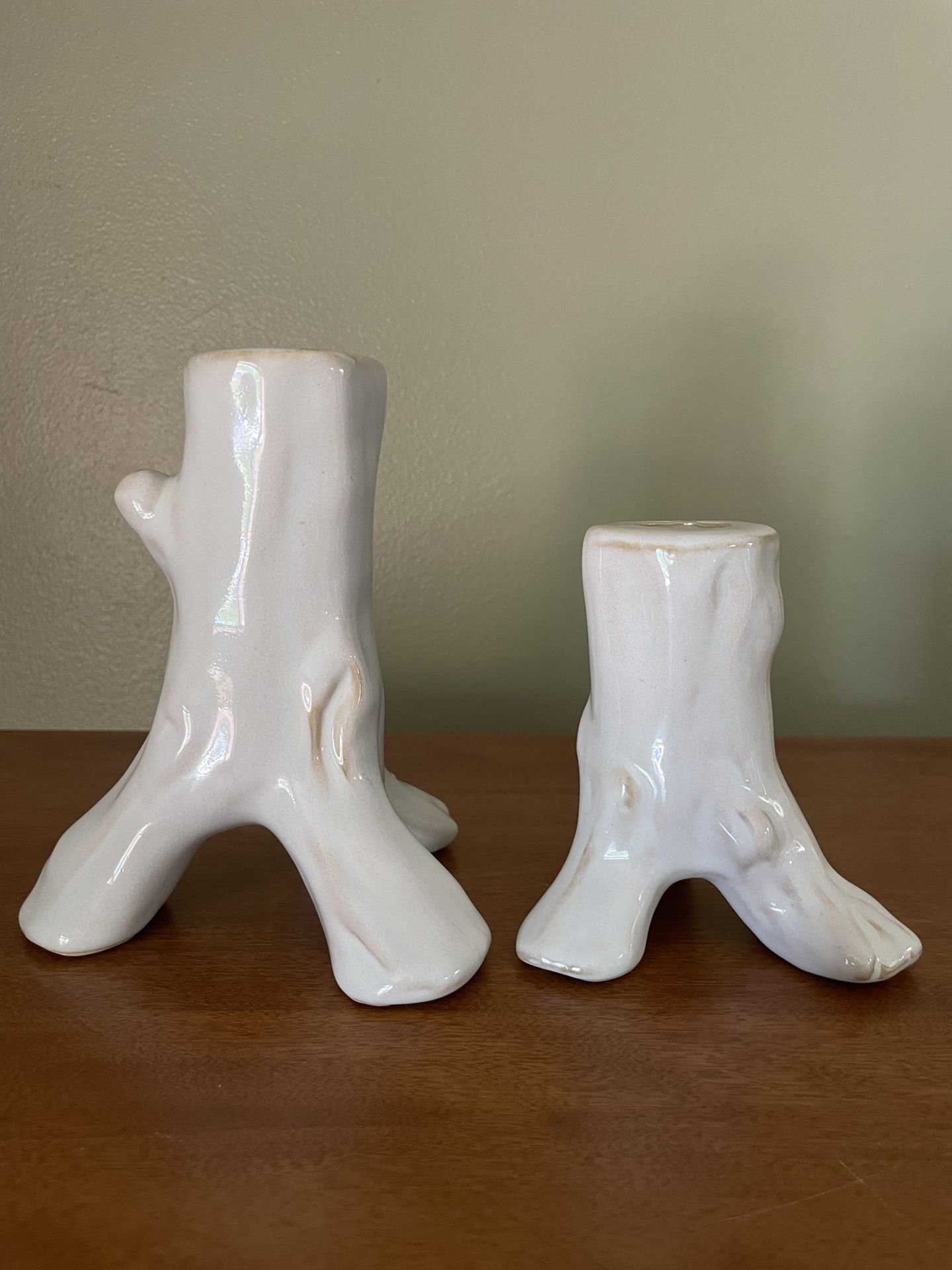 Set Of 2 Ceramic Tree Trunk Taper Candle Holders