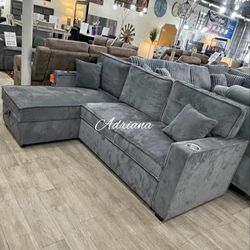 Beautiful 2-Pc Corduroy Sectional Sofa With Storage, Pullout Bed,  And USB Port