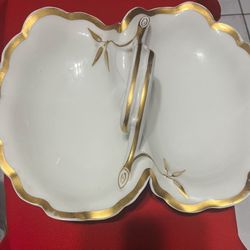 Antique Large 2 Part Divided Gold Trimmed White Porcelain Serving Dish Platter