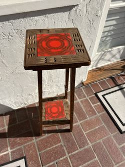 Vintage * LEG NEEDS Repair **Carved Wood Plant Stand Side Table w/ Red Tile Inlay Mid Century Modern