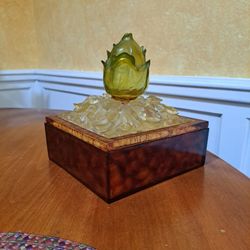 Brown acrylic box with lid 6 1/2 in square by 7 1/2 in tall.