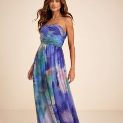 Blue Multi Floral Strapless Maxi Dress (M)